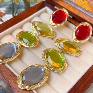 Long Multi Color Stones and  Goldtone Trimmed Pierced Earrings